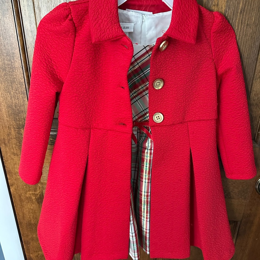 Bonnie Jean plaid Christmas dress with matching Red Pea Coat